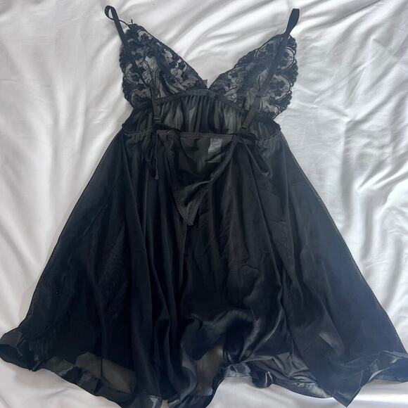 ✨Sexy Black Sheer Lace Babydoll Nightgown Lingerie Set Sequins & Thong Size XL - Picture 3 of 5